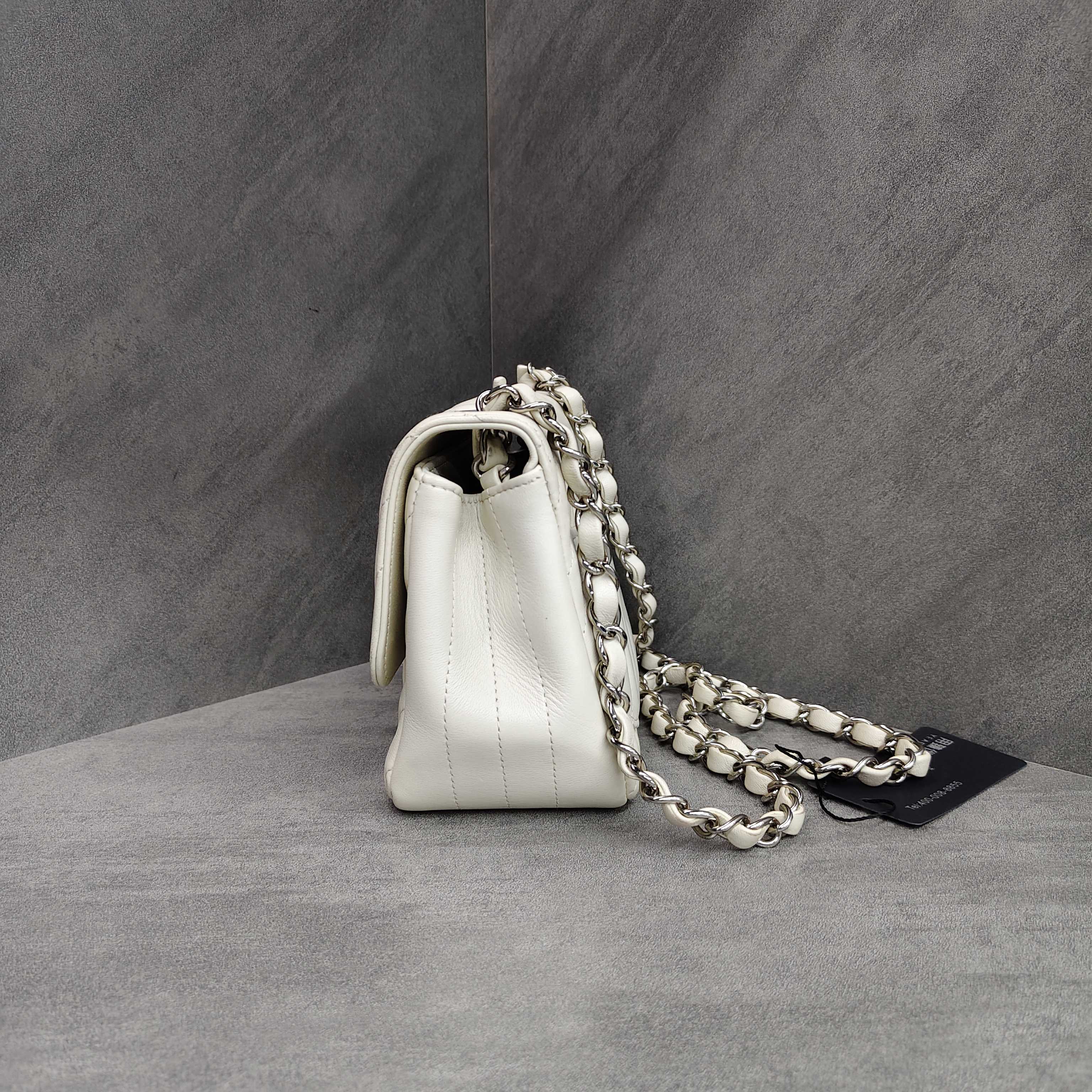 Chanel CF Square Pouch White V-Pattern Lambskin Silver Hardware Chain Bag + 30% Off + Includes Card