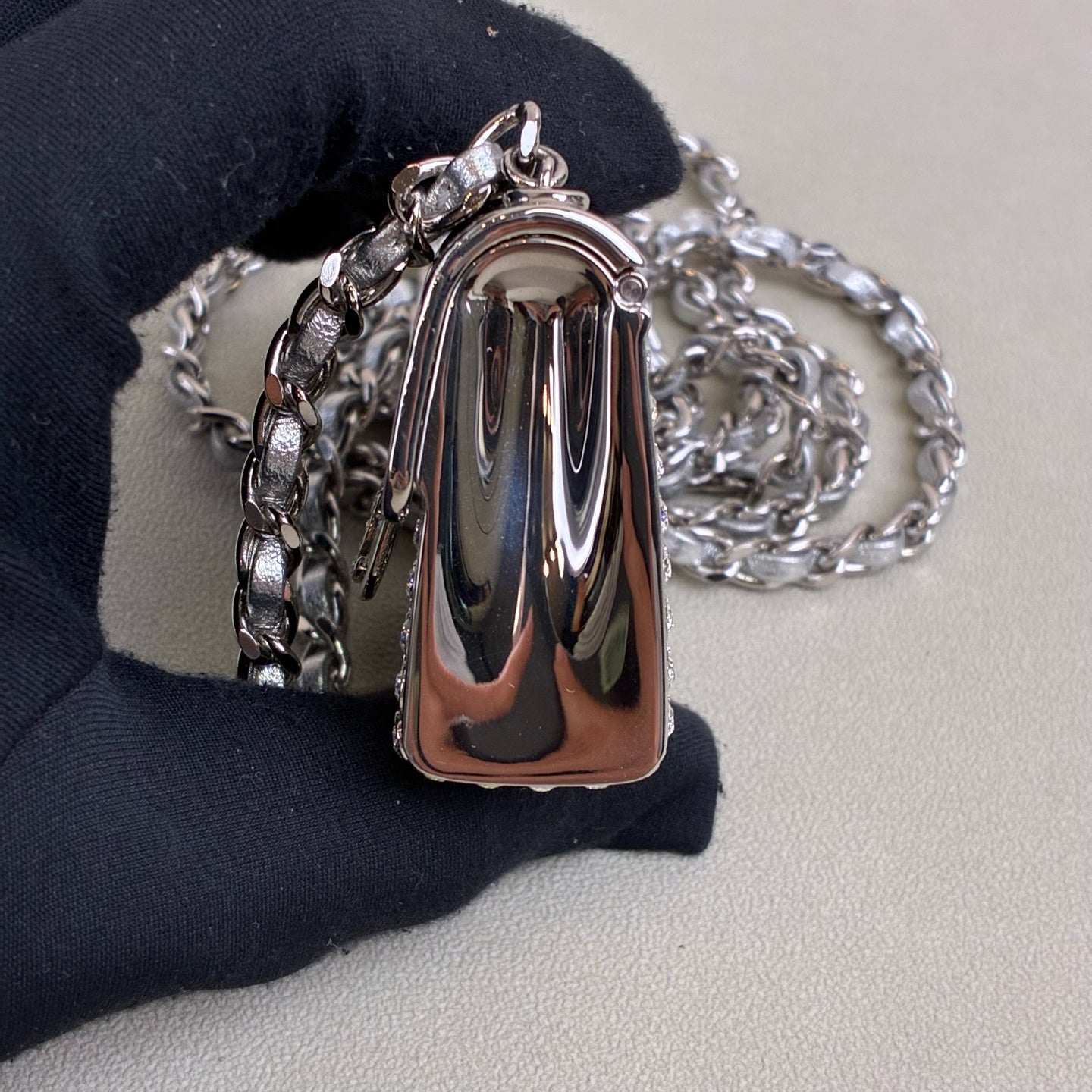 Chanel tiny bag mini silver full rhinestone necklace bag gray lambskin chain water crystal inlay size 6*