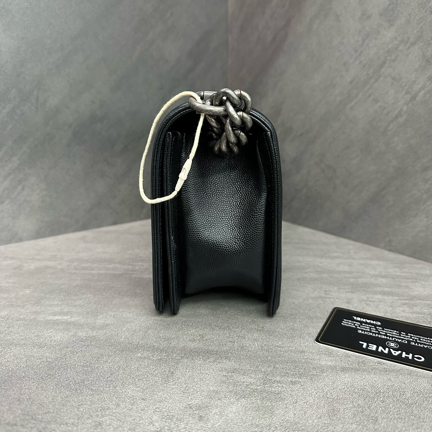 Chanel Le Boy Medium Black Silver Litchi Grain Leather Chain Bag 25 Opening with Card, Structured Shape, Clean Interior