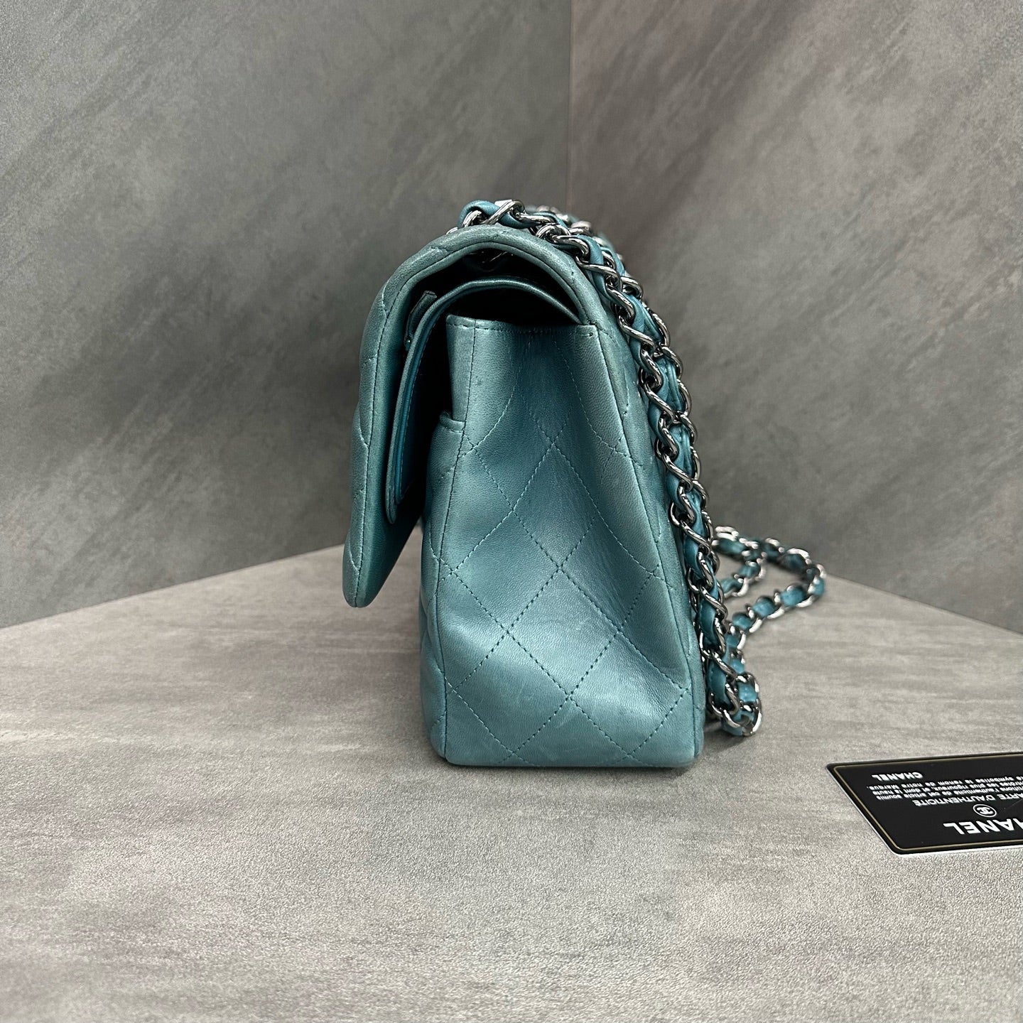 Chanel CF Jumbo Lake Blue Lambskin Chain Bag with Silver Hardware - 15 Opening with Card - Three-Dimensional Shape - Clean Interior