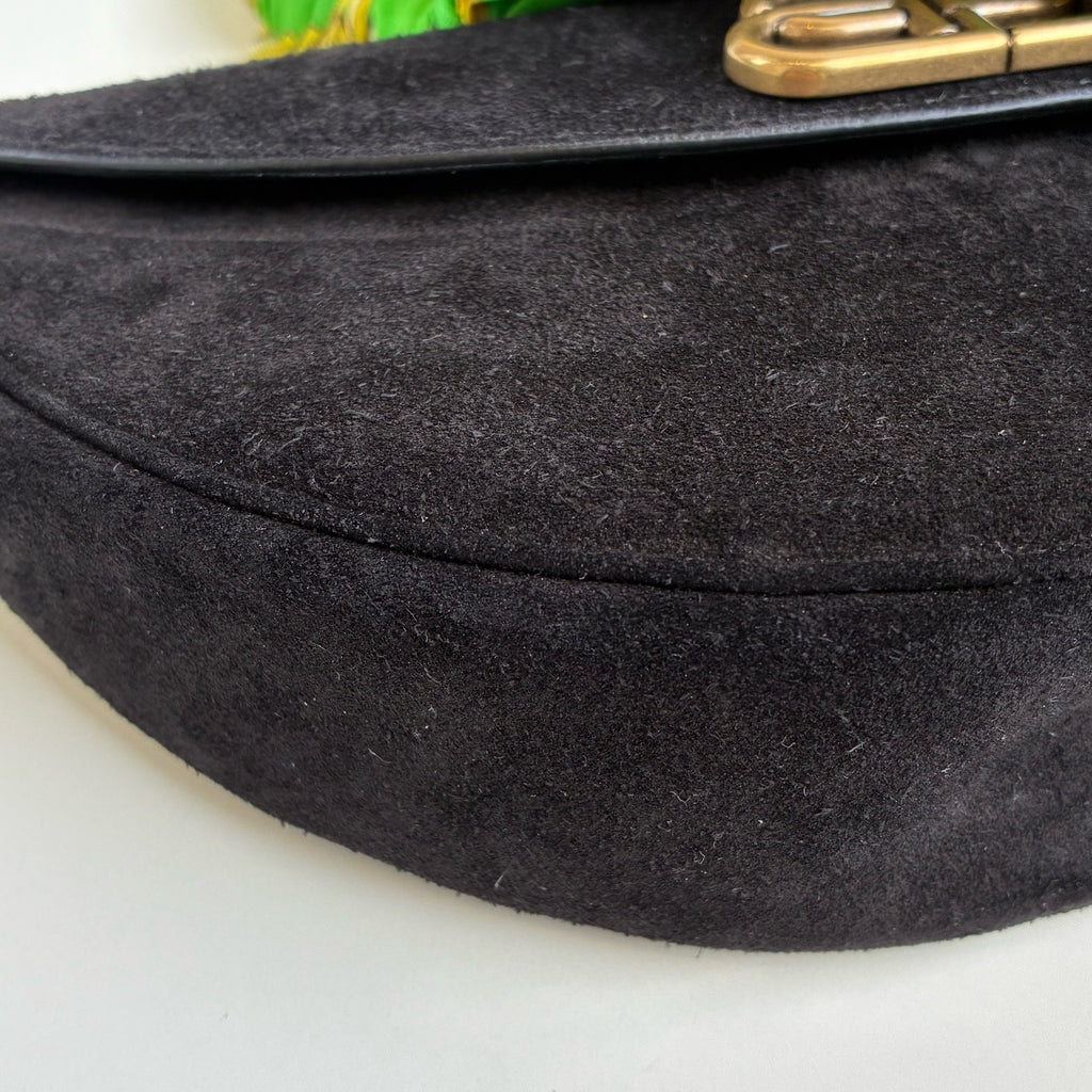 Balenciaga Silk Scarf Handle Half Moon Bag   Size: 22*12   Suede Material   Black + Green Scarf