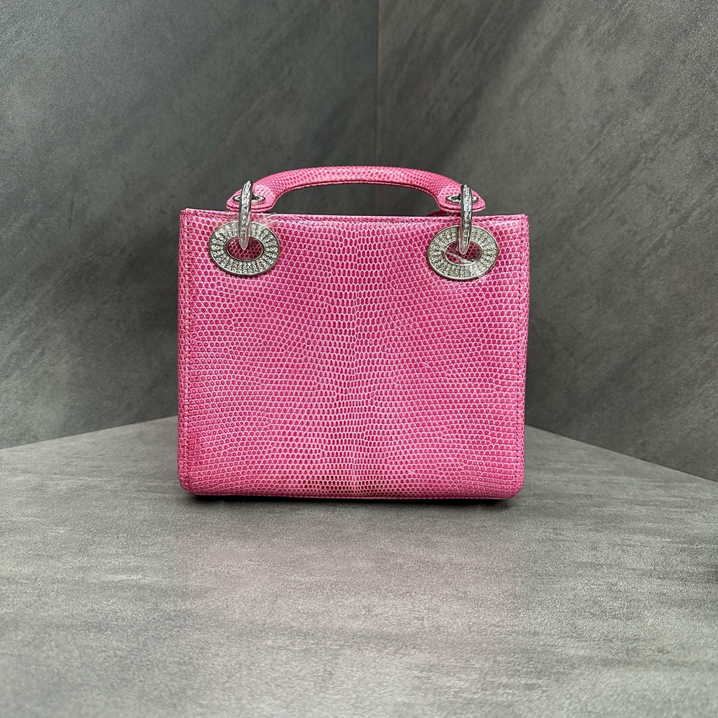 Dior Lady Dior Mini Pink Lizard Skin with Diamond Clasp Handbag Shoulder Bag, Base Length 17cm, Year 2015