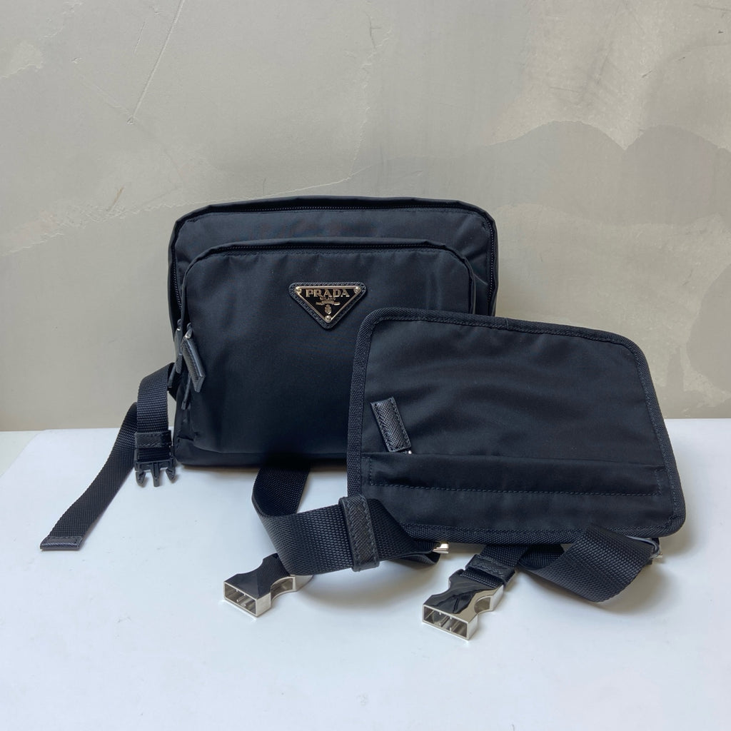 Prada Black and Silver Nylon Multifunctional Backpack Show Style, Backpack in 99% New Condition Dimensions: 22×17 Black and Silver Nylon Material