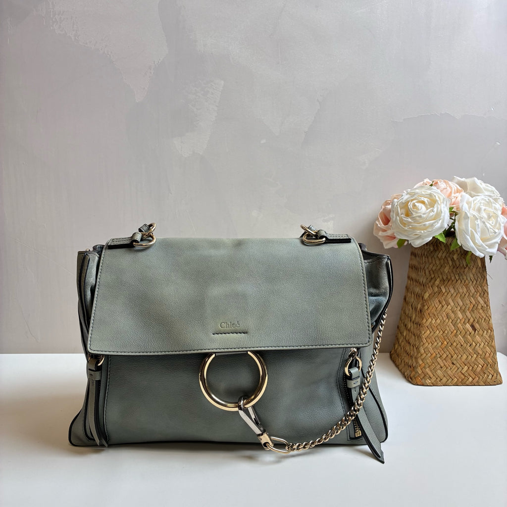 Chloe Faye Calfskin and Suede Mint Green Shoulder Crossbody Bag 98% New Size: 33X20X13 Accessories: Detachable Shoulder Strap