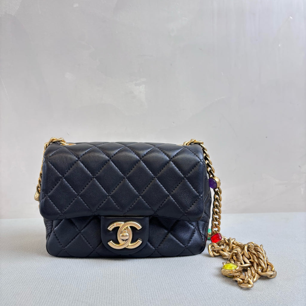 Chanel Black Gold Sheepskin Square “Fat Boy” Chain Bag 31 Size 17*12
