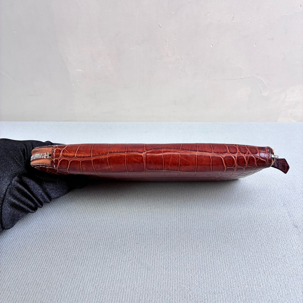 Hermès 99% new K stamp crocodile leather long wallet, red-brown color, size 20*11.