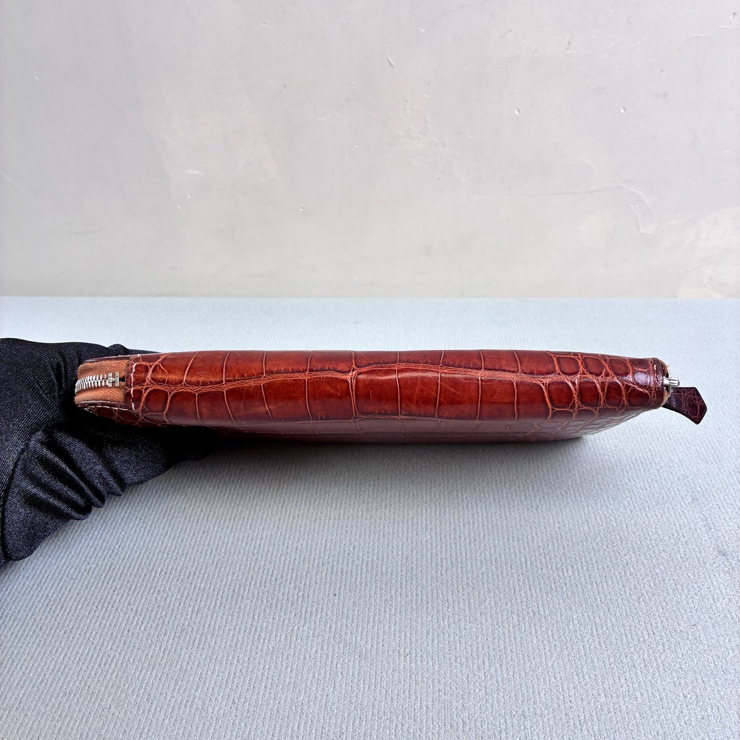 Hermès 99% new K stamp crocodile leather long wallet, red-brown color, size 20*11.
