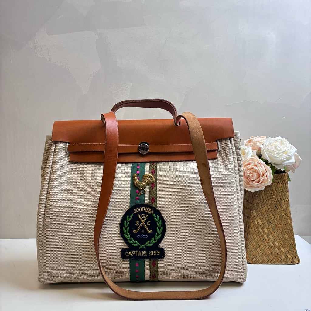 Hermes Herbag39 Canvas and Leather Beige Silver Buckle Crossbody Bag Size: 39*38 Frame C engraving Single