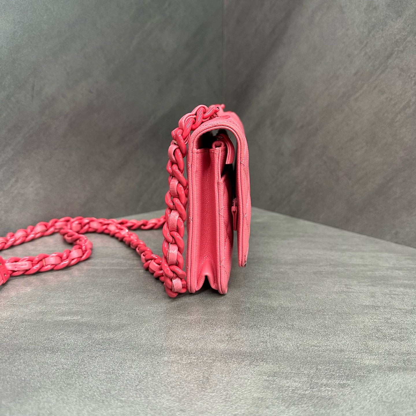 Chanel 21C Peach Litchi Cowhide Enamel Chain Bag, 30-series, with authenticity card, original condition