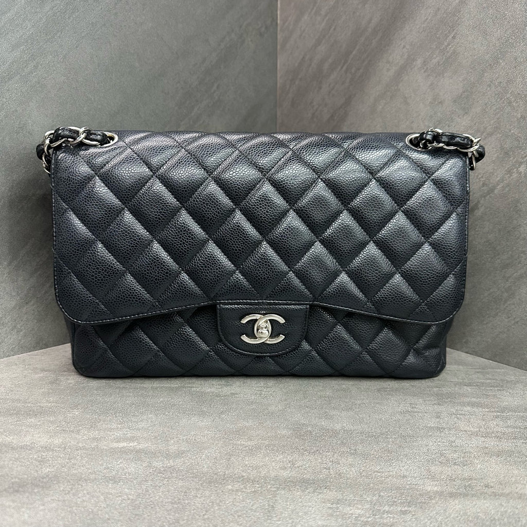 Chanel CF Jumbo Large Black and Silver Litchi Cowhide 14 Series Original Condition