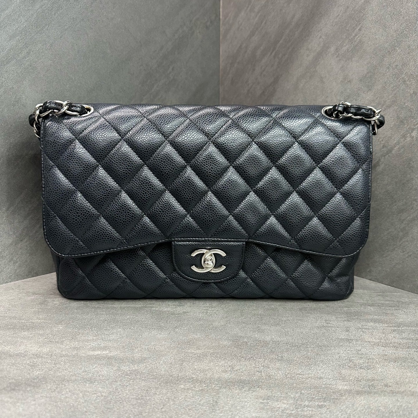 Chanel CF Jumbo Large Black and Silver Litchi Cowhide 14 Series Original Condition