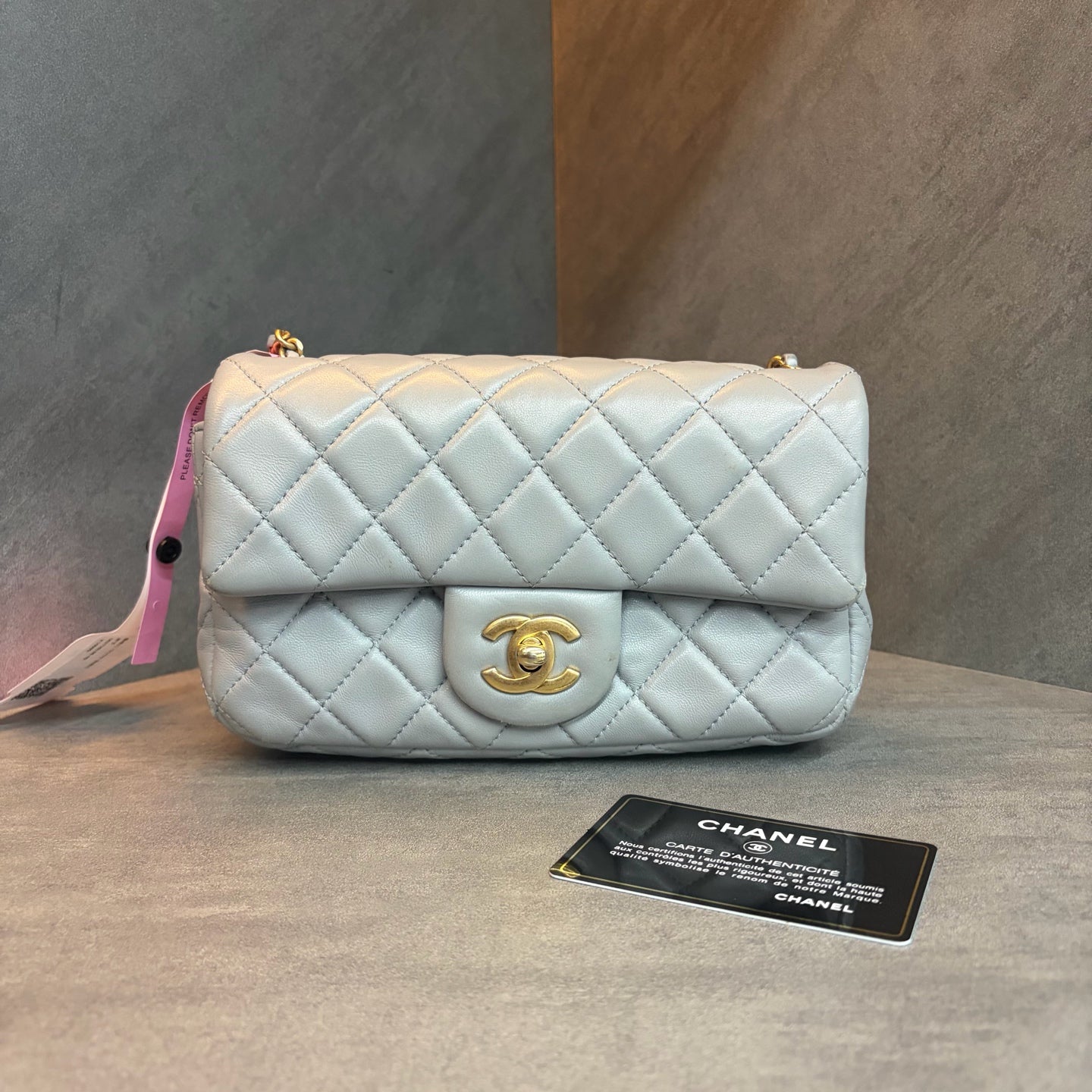 Chanel CF Mini, gray lambskin with gold ball hardware, 29 series with authenticity card, structured shape, clean interior, in stock