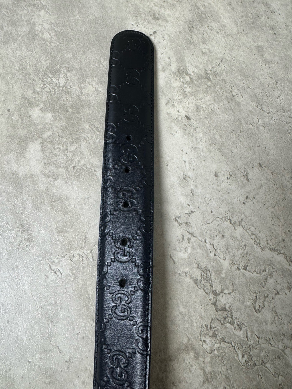GUCCI belt, unisex, black monogram embossed, no extra holes, size 85, 34mm width, in stock at a favorable price
