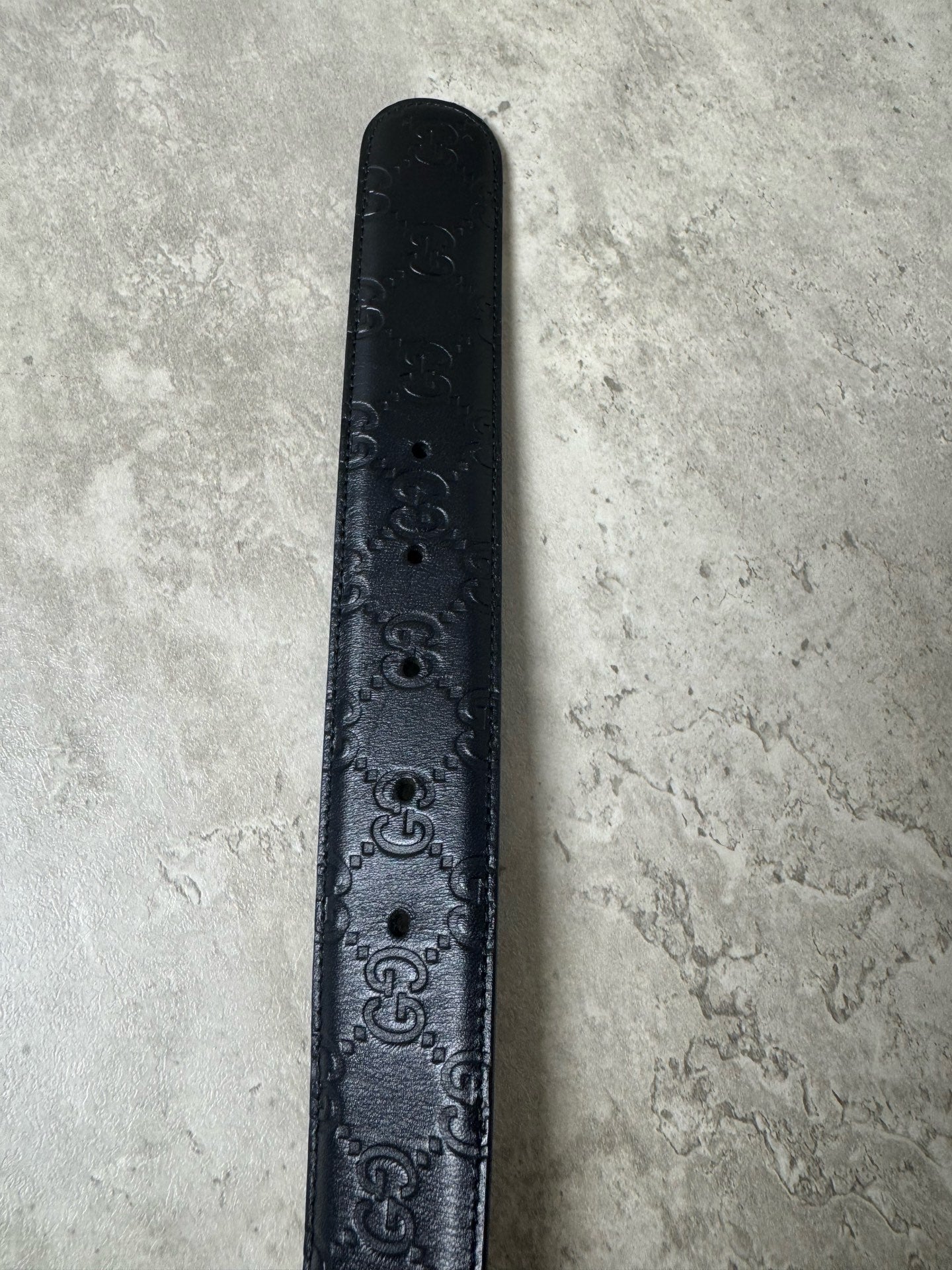 GUCCI belt, unisex, black monogram embossed, no extra holes, size 85, 34mm width, in stock at a favorable price