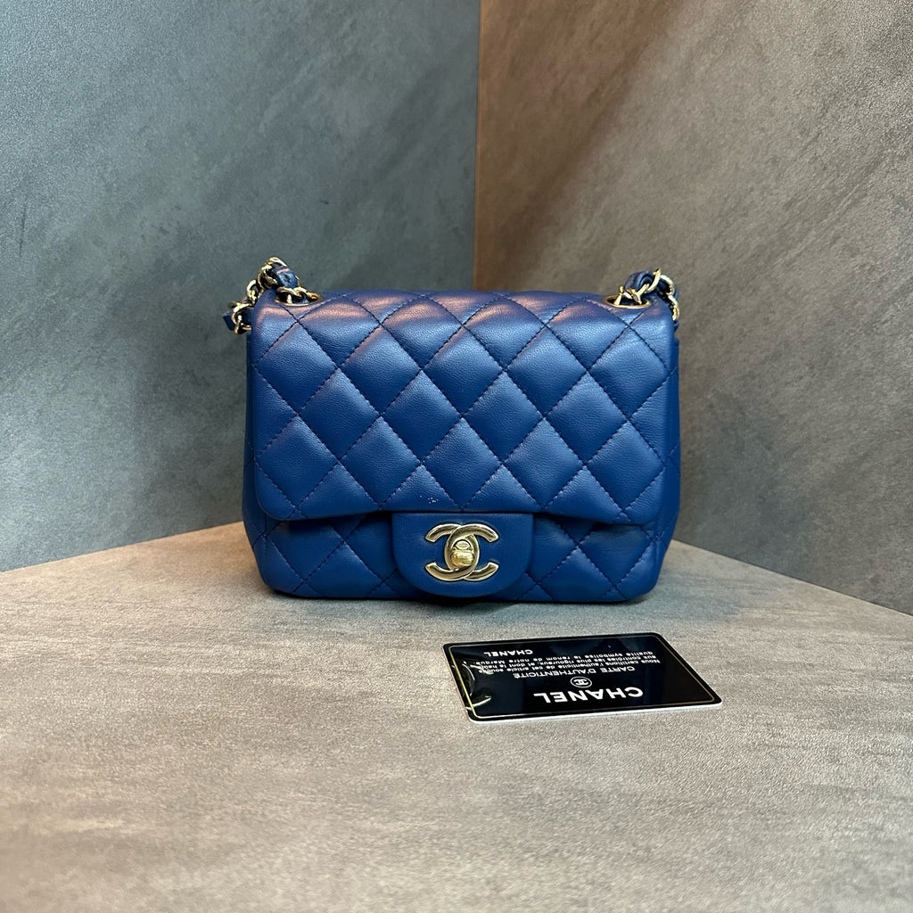 Chanel CF Square Flap Blue-Gold Lambskin Chain Bag, 25 series with authenticity card, structured shape, clean interior