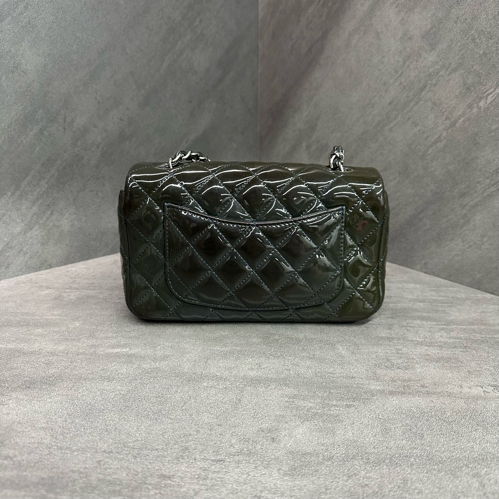 Chanel CF Mini Chain Bag in Patent Leather, Silver Hardware, Olive Green, Size 20