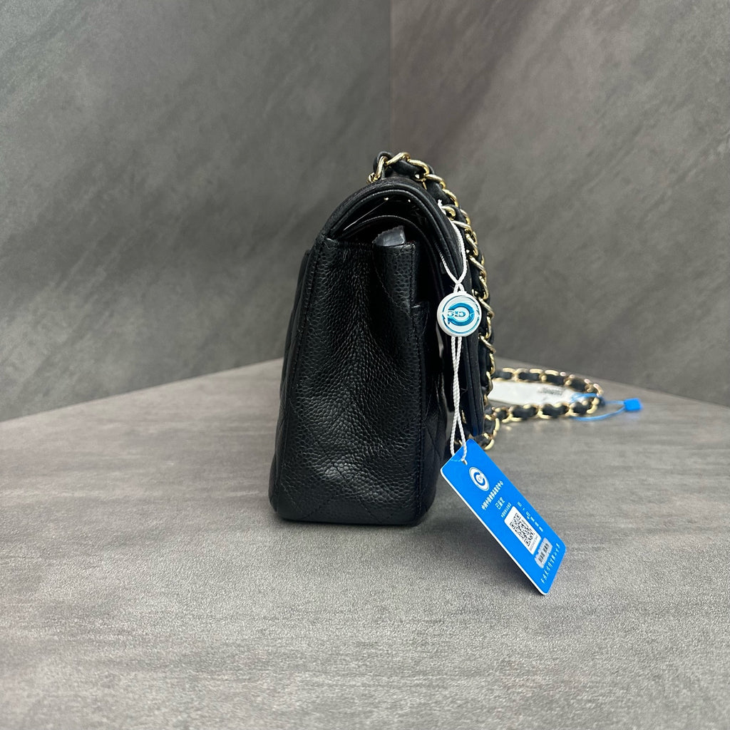 Chanel cf medium size black gold lychee cowhide 27k card with clean inside and in stock at a good price