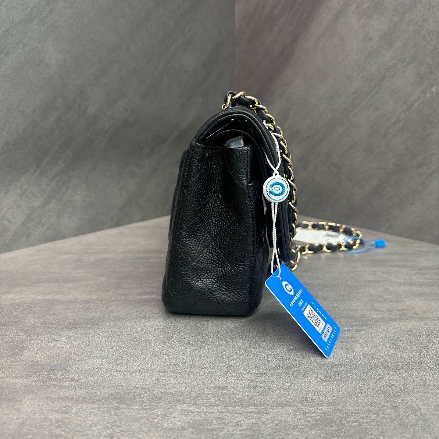 Chanel cf medium size black gold lychee cowhide 27k card with clean inside and in stock at a good price