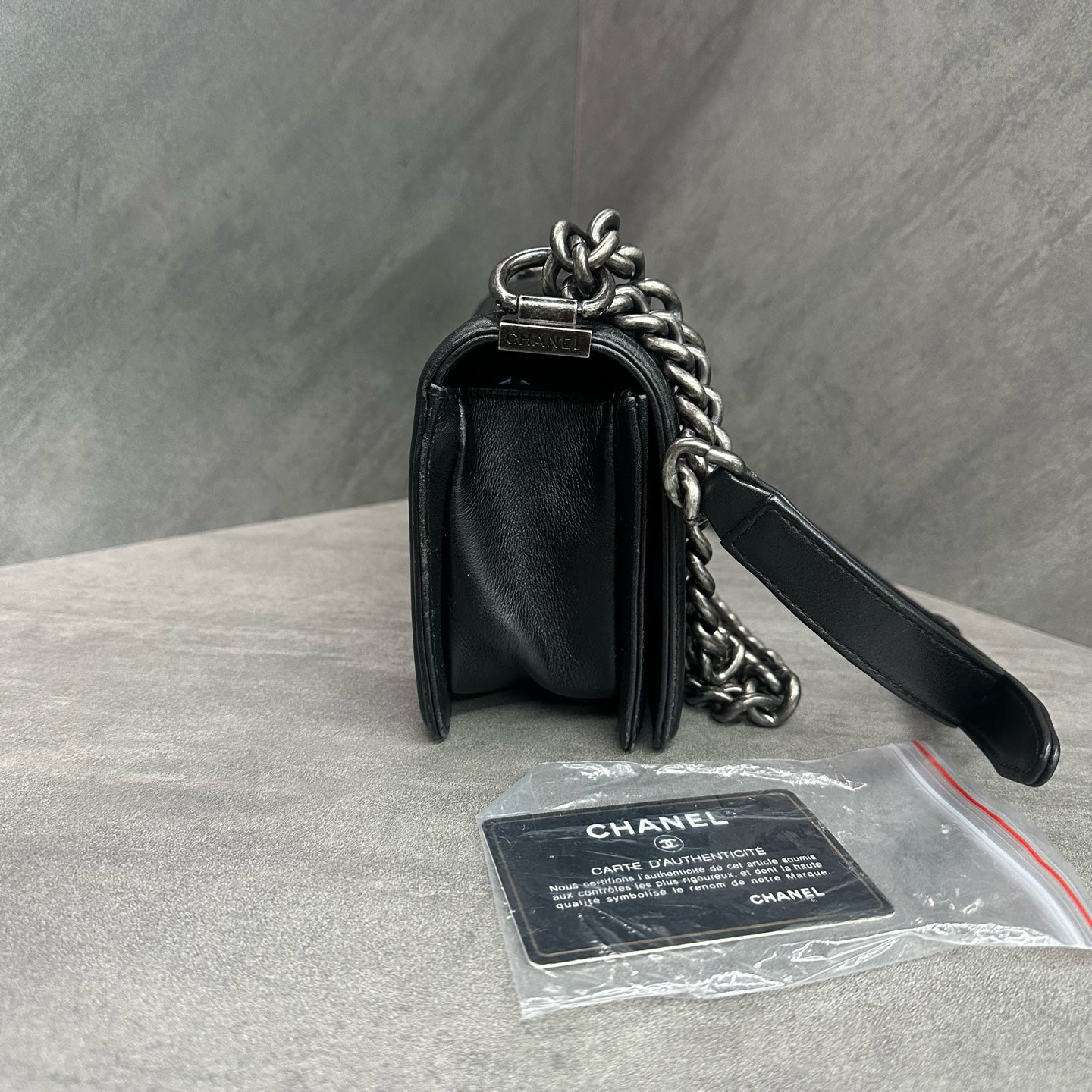 Chanel leboy small black silver sheepskin chain bag, 20 opening, card bag type, three-dimensional inside clean