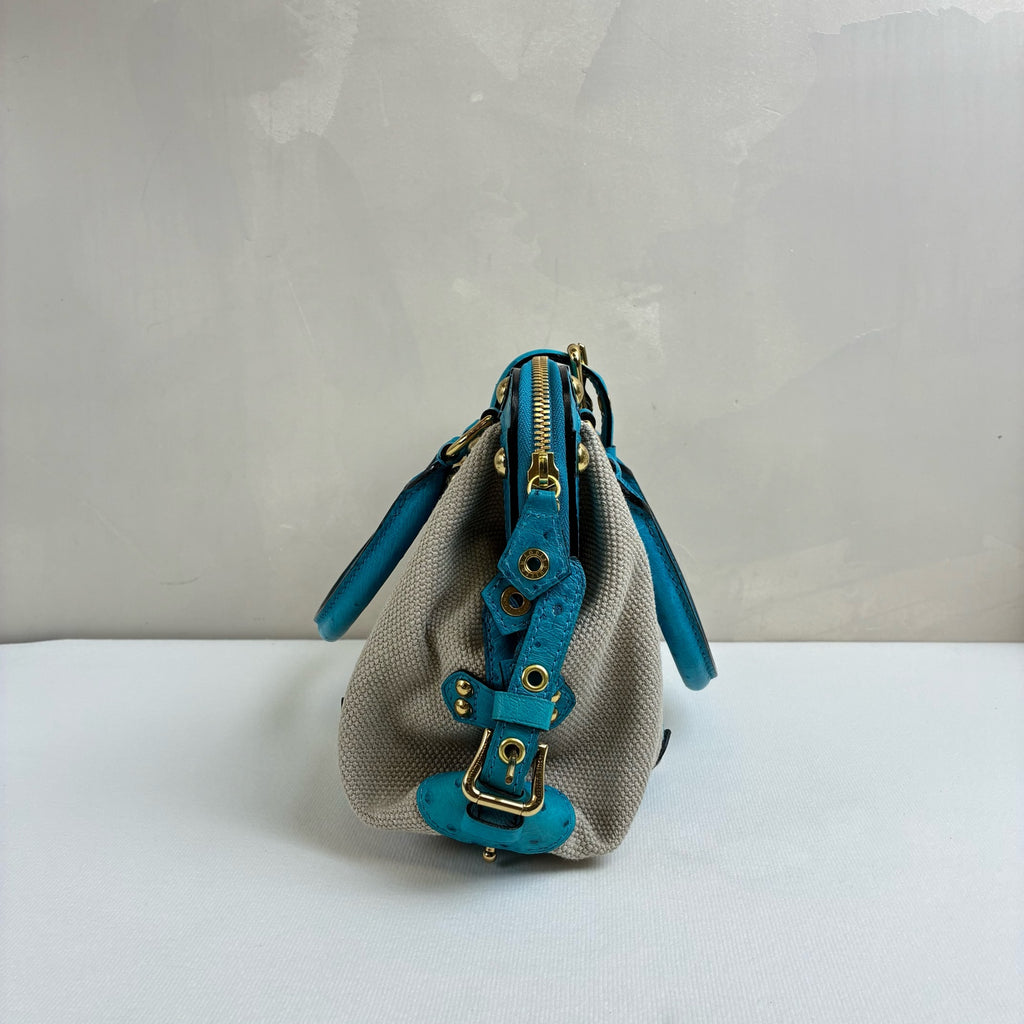 LV Blue Ostrich Leather and Canvas Lock Handbag Show Model, Blue Ostrich with Beige Canvas, 23*19.