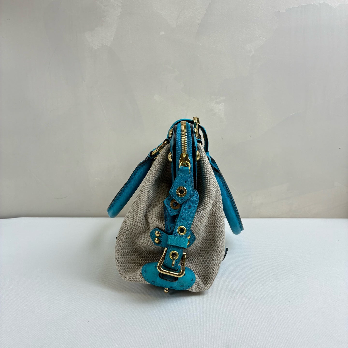 LV Blue Ostrich Leather and Canvas Lock Handbag Show Model, Blue Ostrich with Beige Canvas, 23*19.