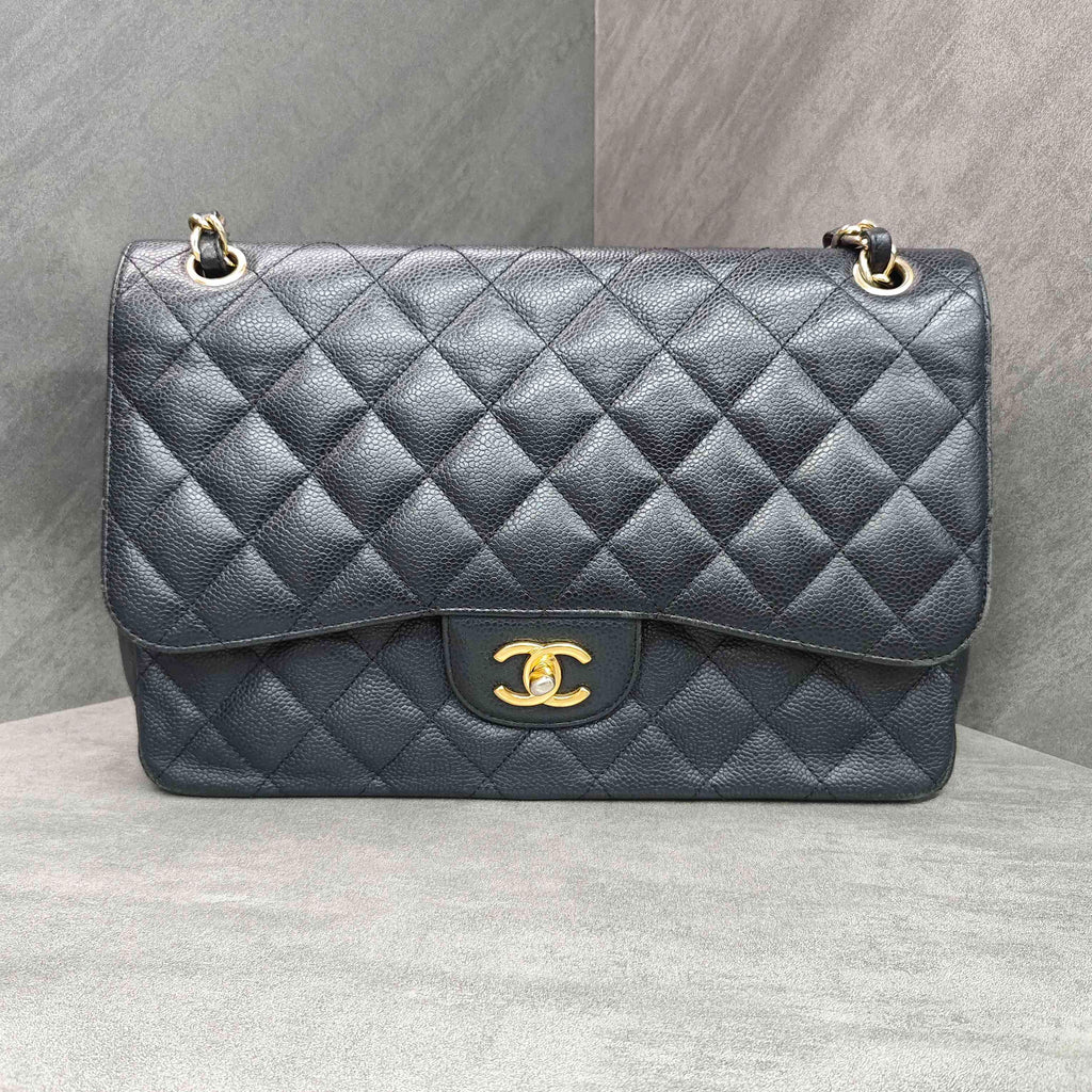 Chanel CF Jumbo Black and Gold Litchi Leather Chain Bag 16 Opening, Structured Shape, Clean Interior