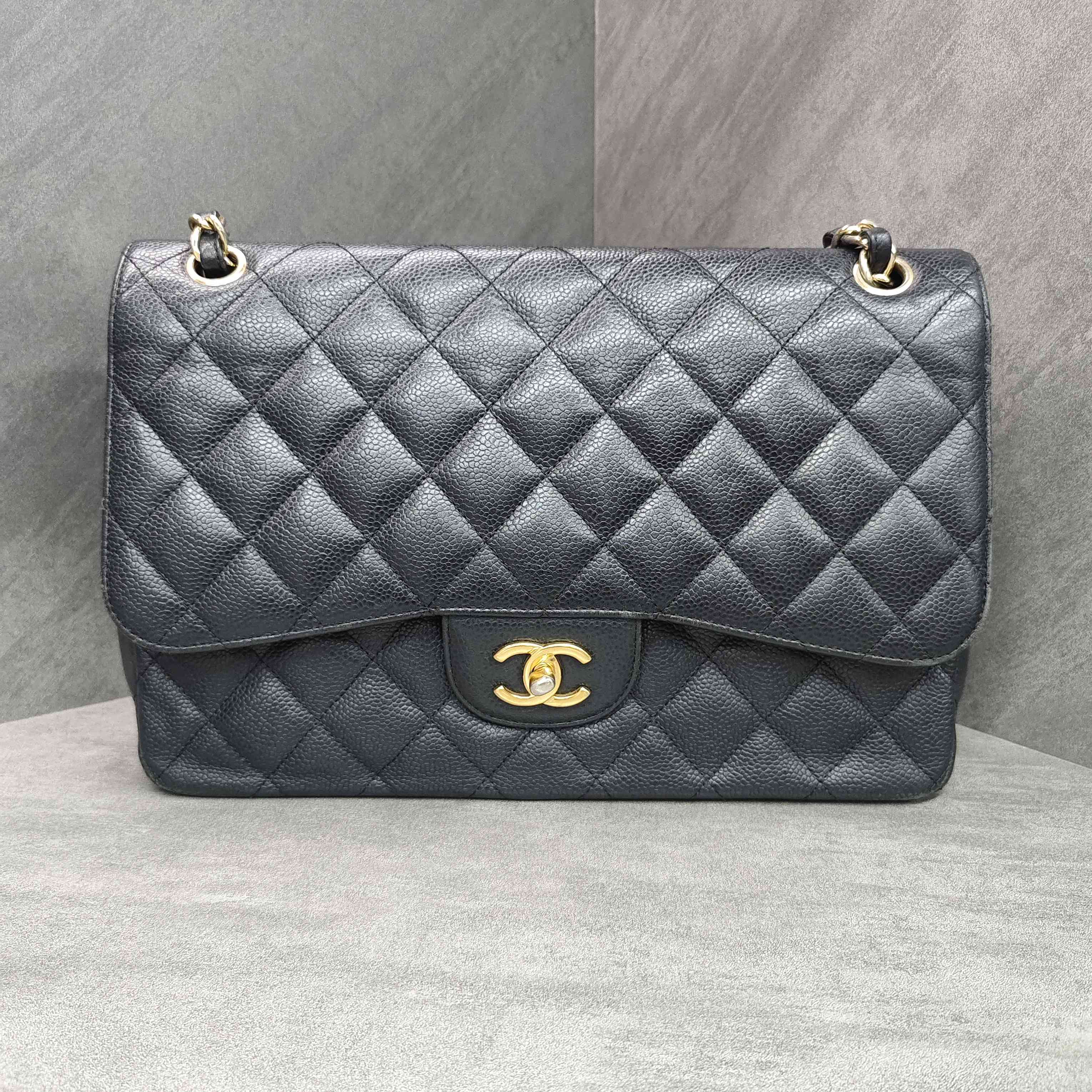 Chanel CF Jumbo Black and Gold Litchi Leather Chain Bag 16 Opening, Structured Shape, Clean Interior