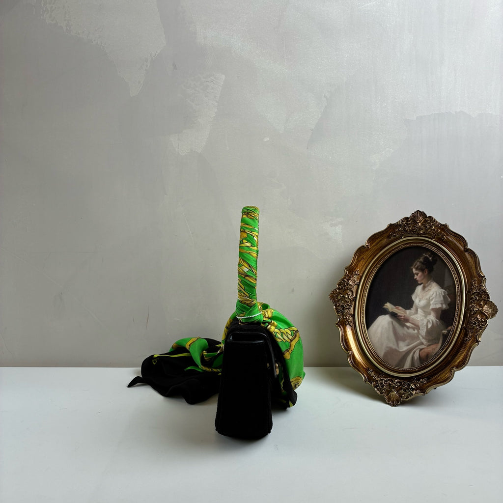 Balenciaga Silk Scarf Handle Half Moon Bag   Size: 22*12   Suede Material   Black + Green Scarf