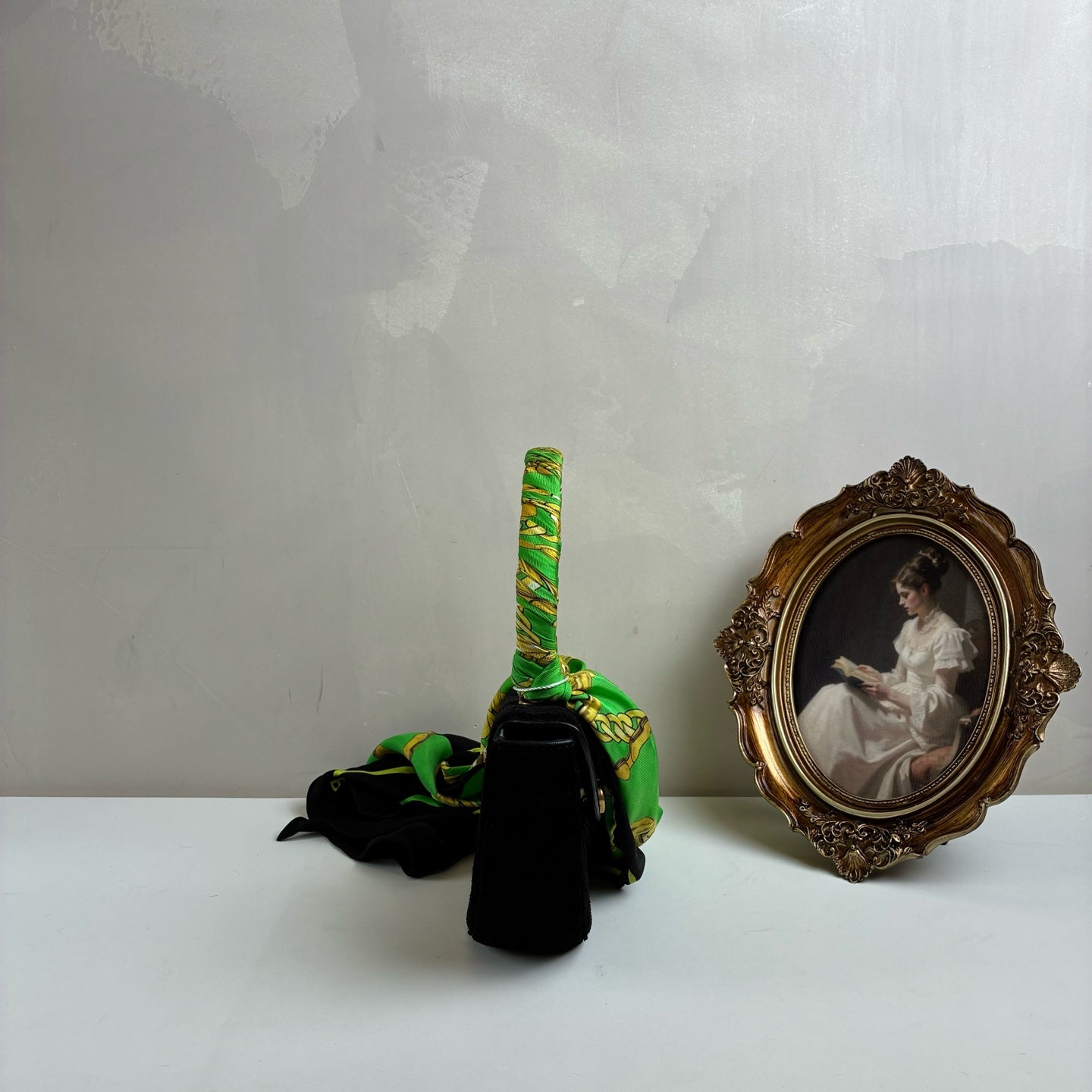 Balenciaga Silk Scarf Handle Half Moon Bag   Size: 22*12   Suede Material   Black + Green Scarf