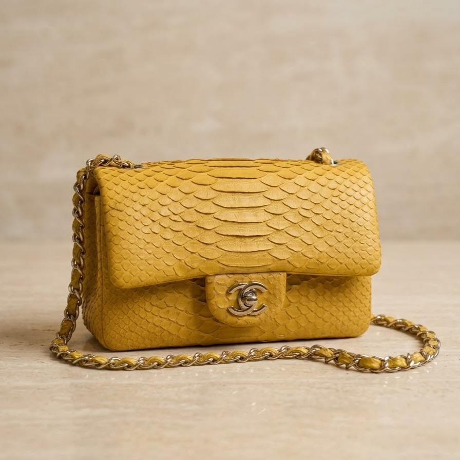 Chanel Yellow Python  Rectangular Classic Single Flap