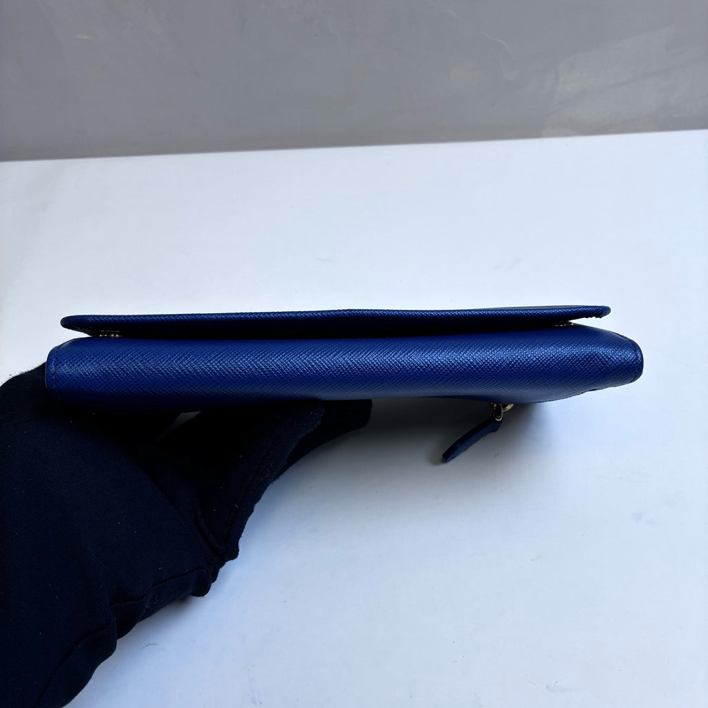 Prada Deep Blue Cross Grain Leather Flap Long Wallet 99% New Size: 18.5×9