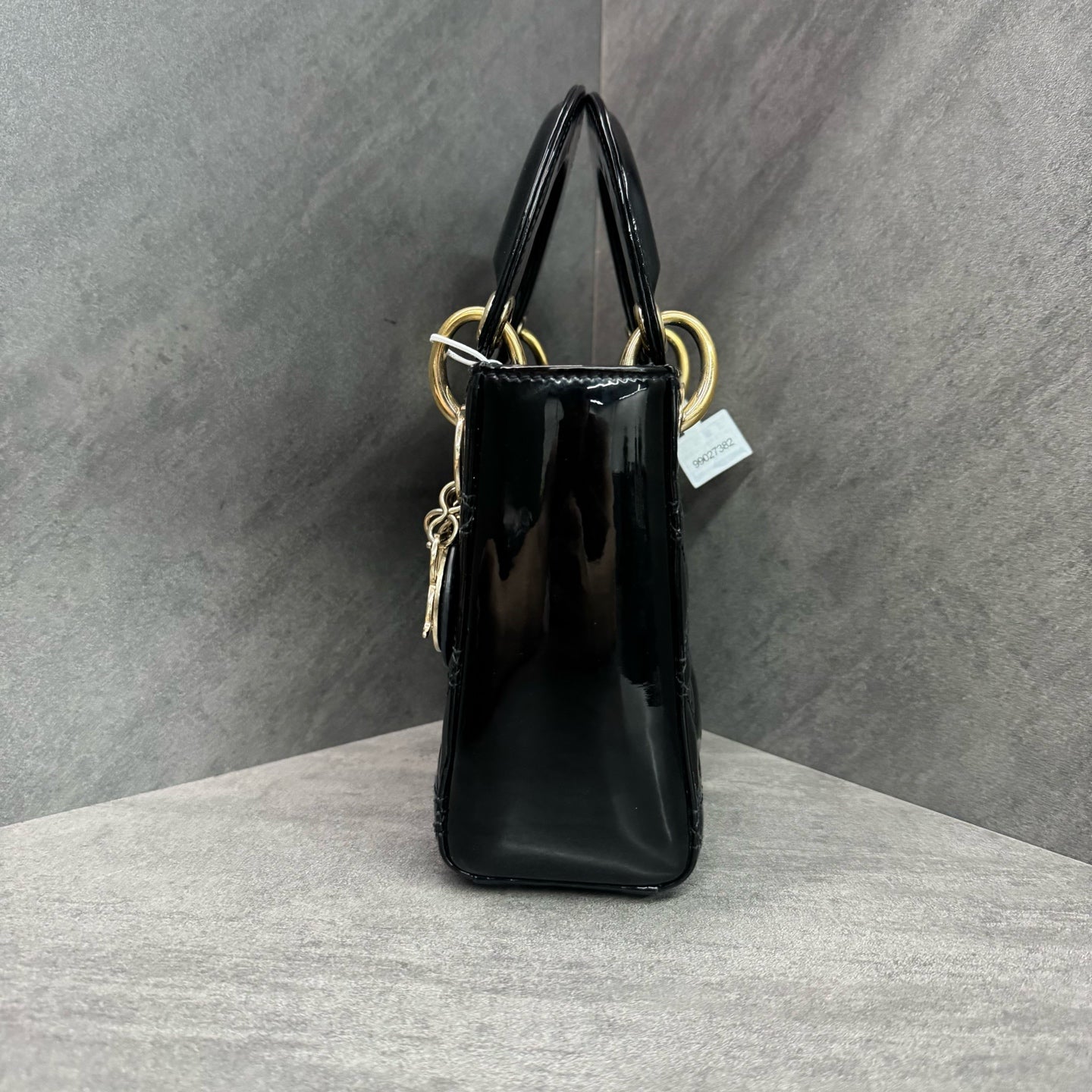 Dior Lady Dior Black and Gold Patent Leather Mini Cannage Bag, 2019 serial code