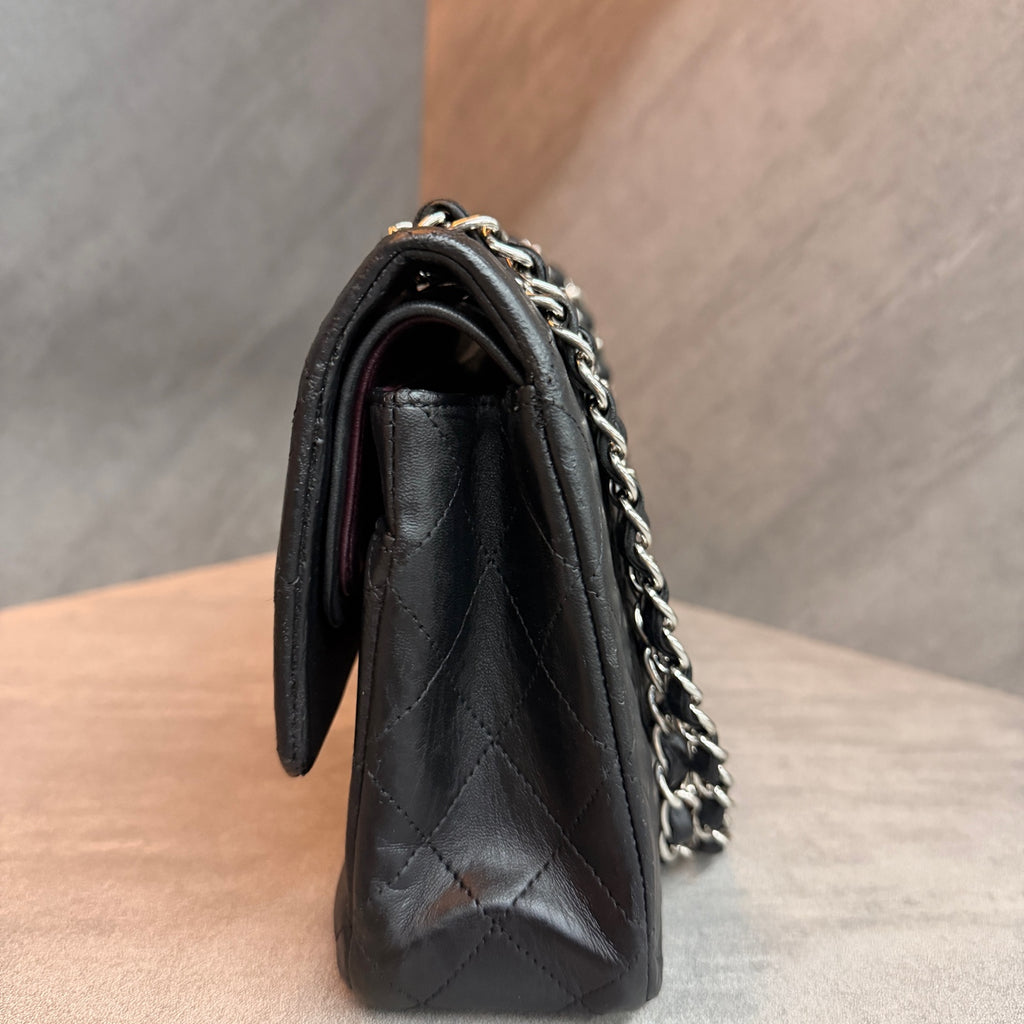 Chanel Classic Flap medium black silver lambskin bag, structured silhouette, clean interior, 15-series stamp with authenticity card