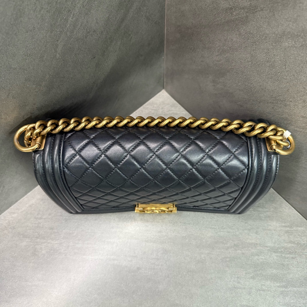 Chanel leboy medium size black gold lambskin chain bag, 19-series with card