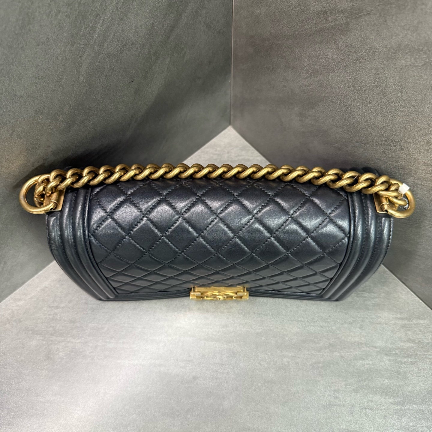 Chanel leboy medium size black gold lambskin chain bag, 19-series with card