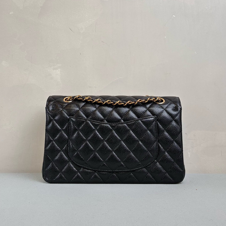 Chanel Medium Chip Double Flap Bag Black Gold Lychee Leather 99% New Size 25.5*15