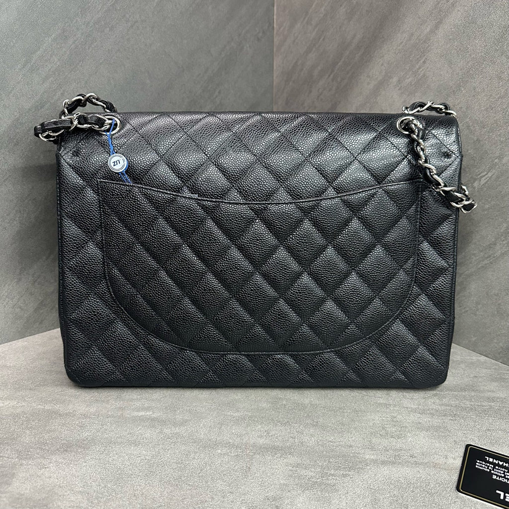 Chanel CF Maxi Black Silver Hardware Caviar Leather Chain Bag 15 Series with Card, structured shape, clean interior.