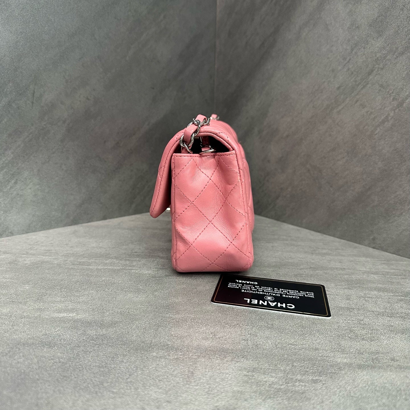 Chanel Mini Flap Bag in Pink and Silver Lambskin with Chain 18K Carrying Card, Structured Shape, Clean Interior