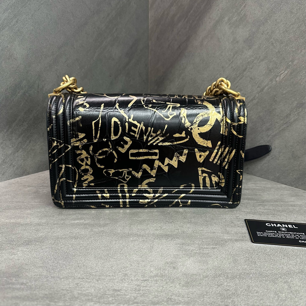 Chanel Leboy Medium, Limited Edition Egypt Collection, Black Gold Crocodile-Embossed Graffiti, 28 Series with Authenticity Card