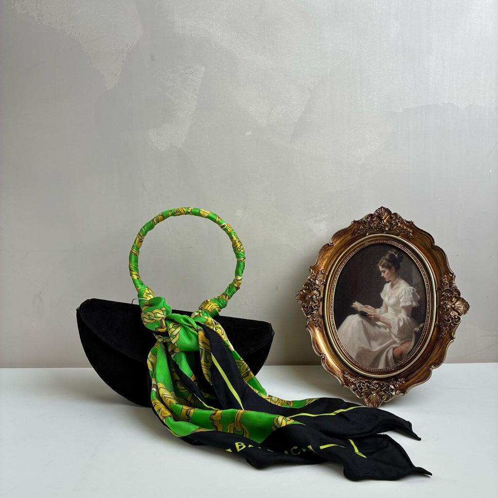 Balenciaga Silk Scarf Handle Half Moon Bag   Size: 22*12   Suede Material   Black + Green Scarf
