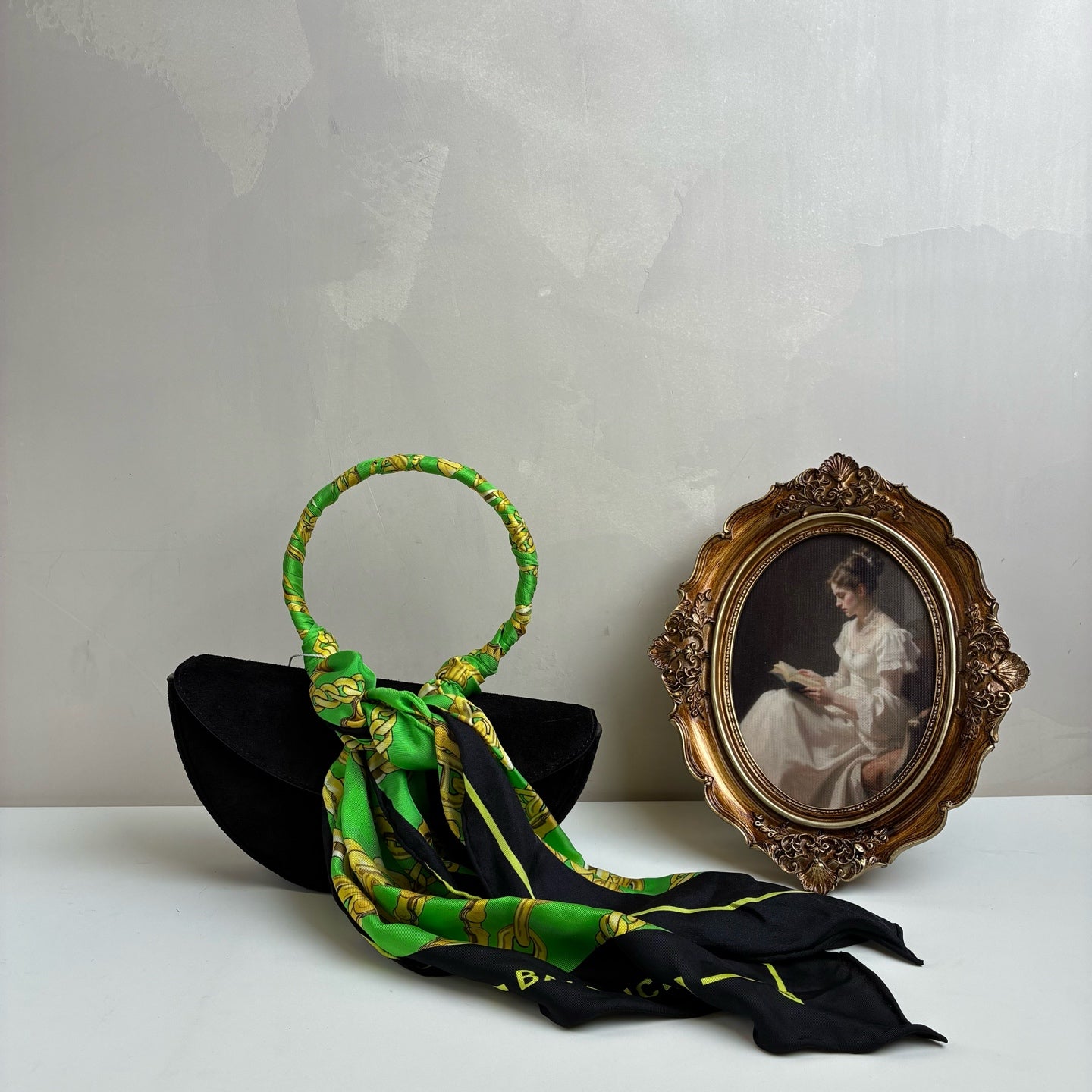 Balenciaga Silk Scarf Handle Half Moon Bag   Size: 22*12   Suede Material   Black + Green Scarf
