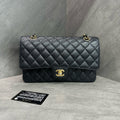 Chanel CF Medium Black Gold Litchi Leather Chain Bag, 19-series with authenticity card, structured shape, clean interior