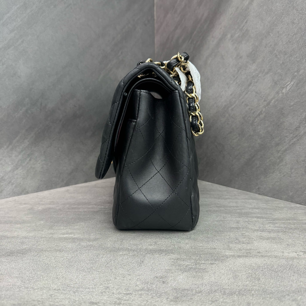 Chanel Black Gold Lambskin Jumbo, 16-inch format, clean interior, in stock at a favorable price