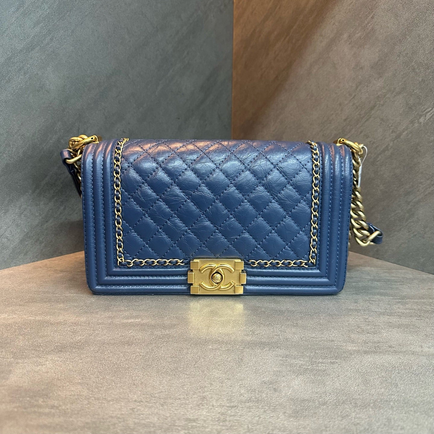Chanel Medium Le Boy, haze blue with gold-tone hardware, oil-wax crinkled cowhide, limited edition discontinued design with vintage-style piping, 23-series production code