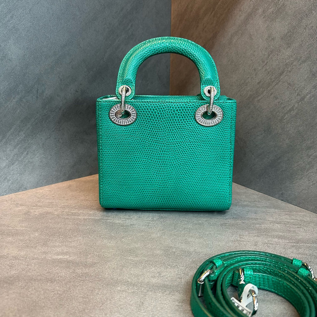 Dior Lady Dior Small Cannage Handle Bag, Emerald Lizard Skin, Diamond-Embellished Clasp, 2021 Serial Code