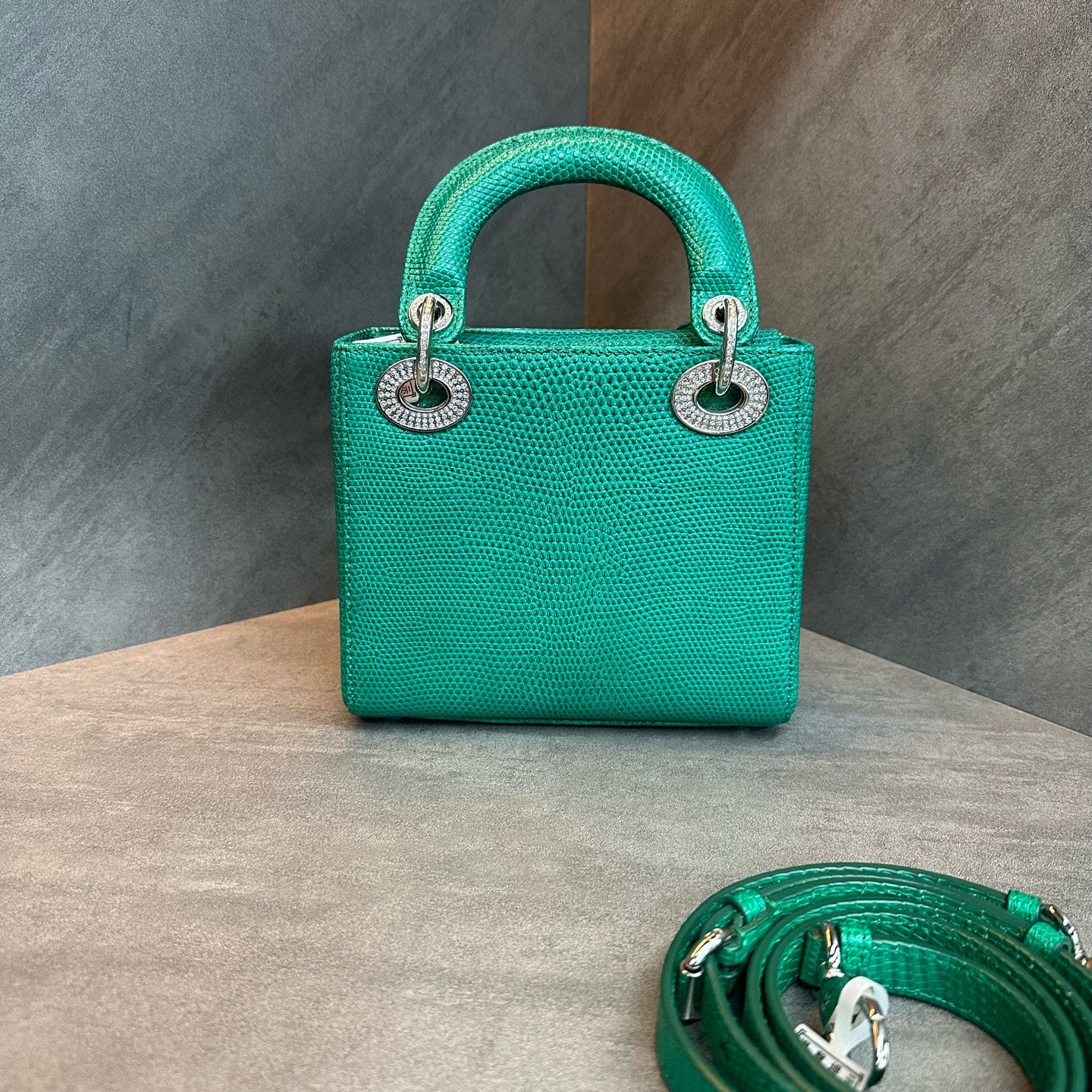 Dior Lady Dior Small Cannage Handle Bag, Emerald Lizard Skin, Diamond-Embellished Clasp, 2021 Serial Code