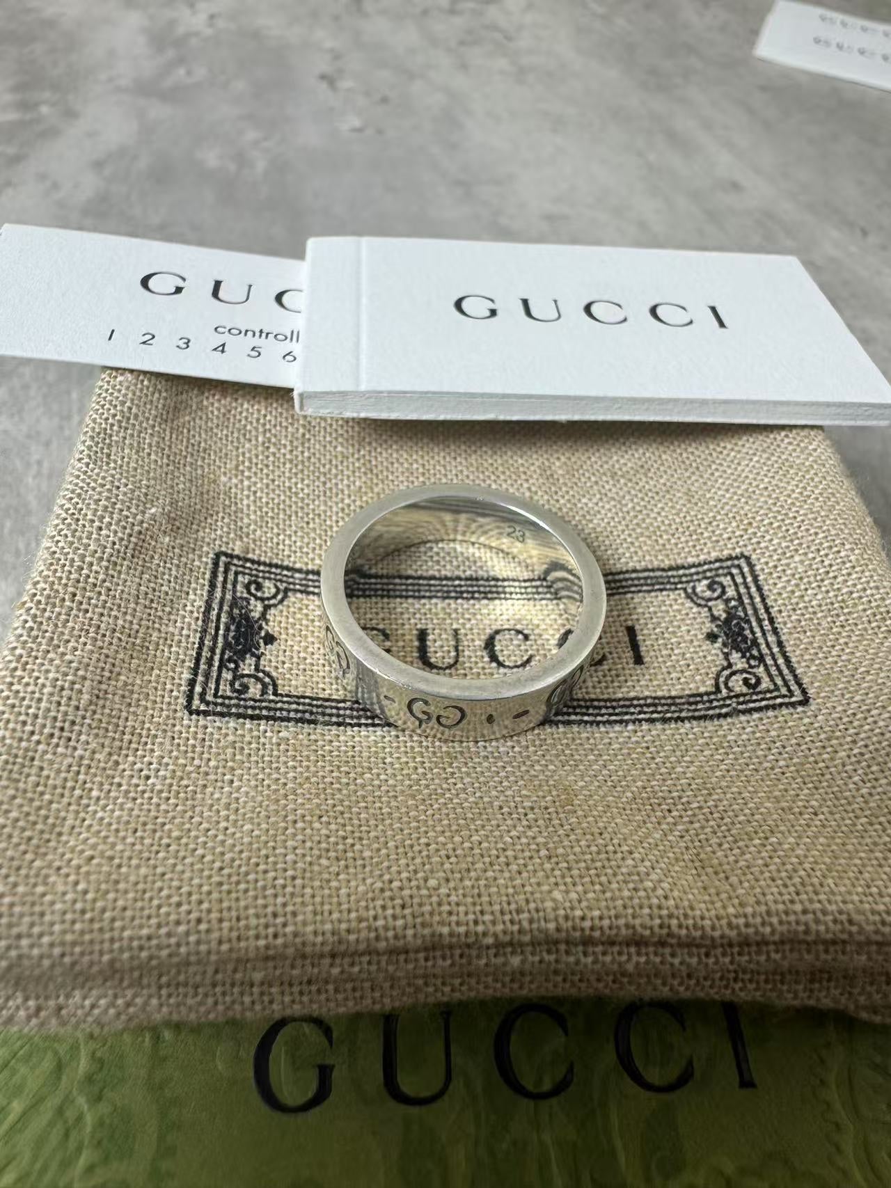 Gucci Ghost Collection Skull Double G All-over Print Sterling Silver Ring, Size 63, Unused with Accessories: Dust Bag, Box, Brochure~