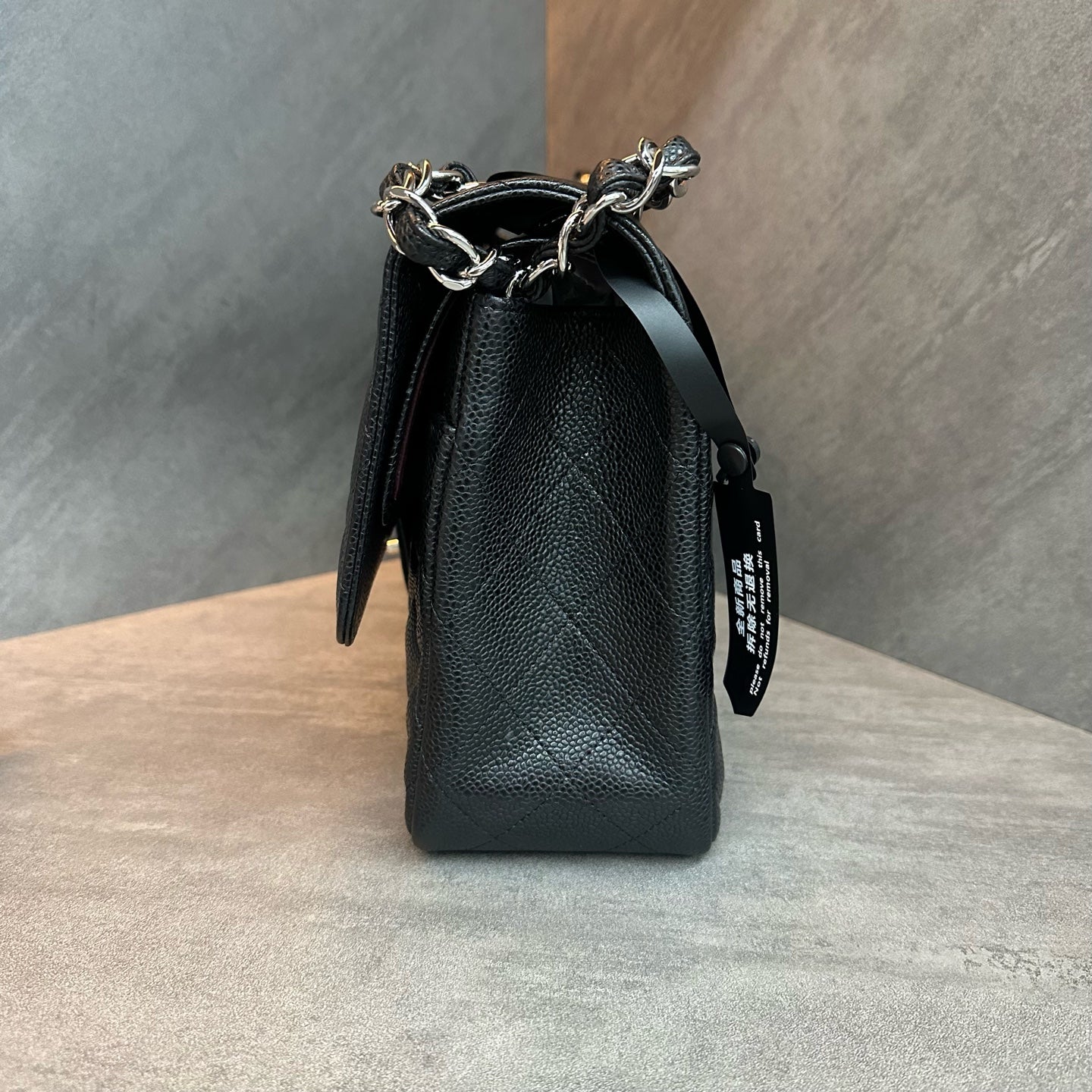 Chanel cf jumbo Black Silver lychee cowhide chain Bag 15, open bag type, three-dimensional inside clean