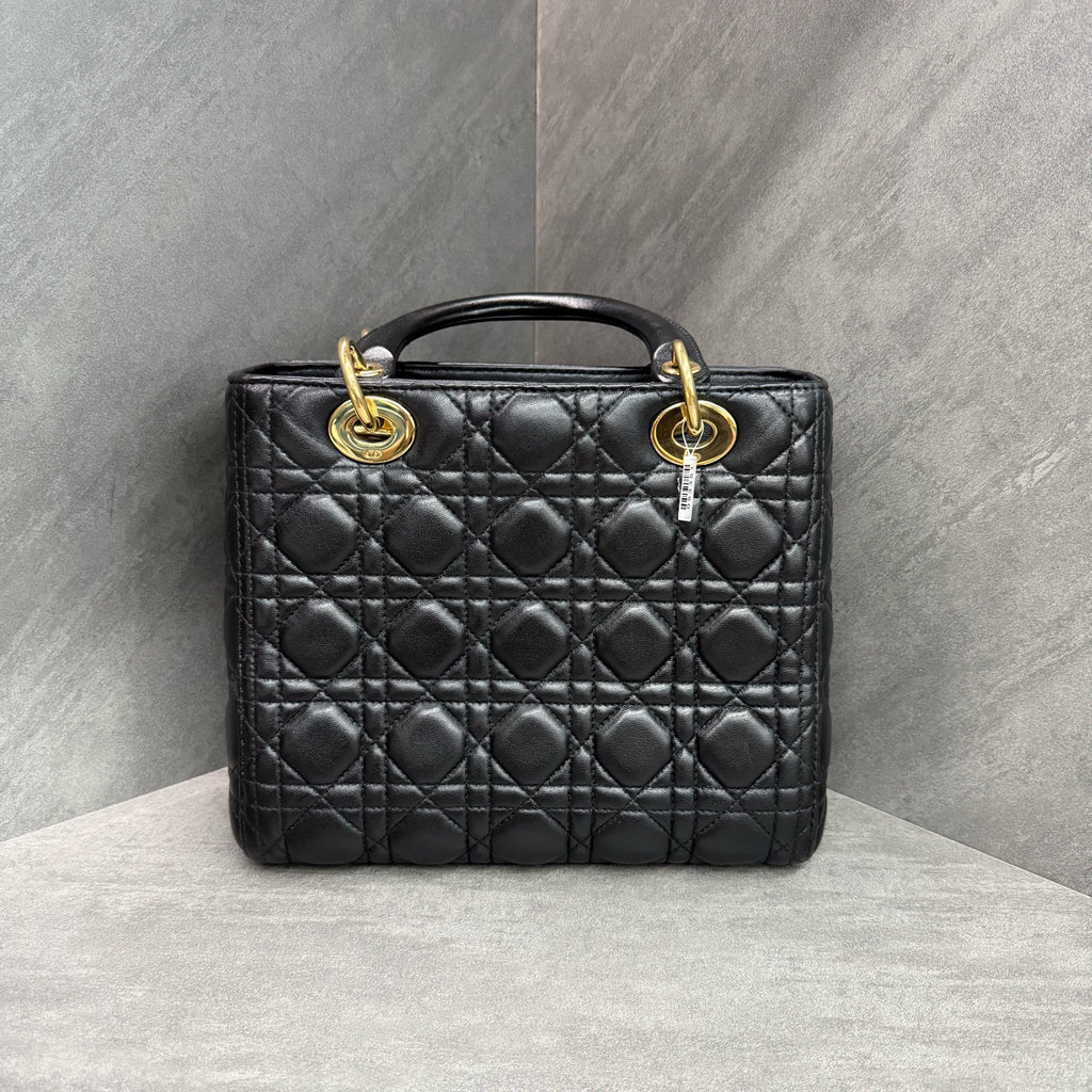 Dior Lady Dior 5-grid, black-gold lambskin, classic diamond quilting, gold hardware, 2013 serial number, in stock at favorable price