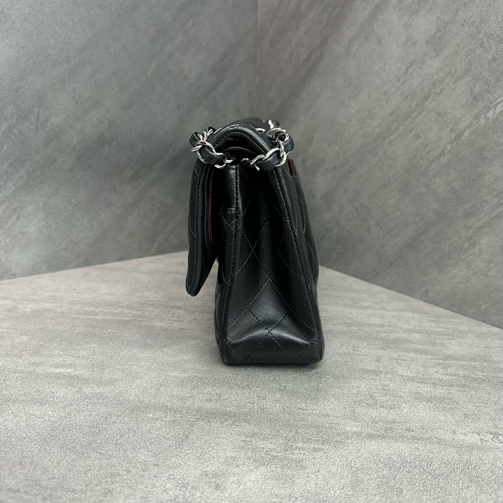 Chanel CF Medium Black and Silver Lambskin Chain Bag 27 Open, structured design, clean interior.